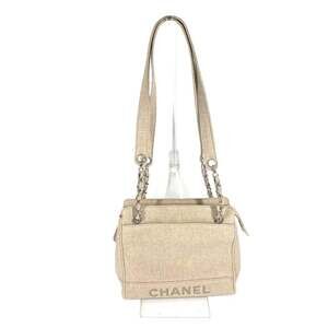 CHANEL Cream Canvas Logo Shoulder Bag
